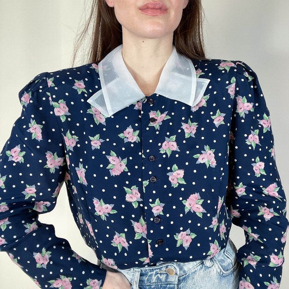 Vintage 80's Floral and Polka Dot Blouse with Organza Collar